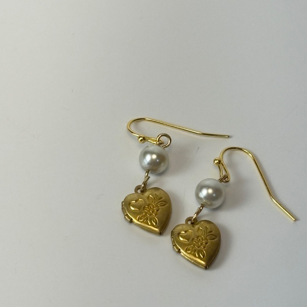 Vintage Heart Locket Pearl Earrings Tiny Gold Tone Floral Dangle Coquette Goth